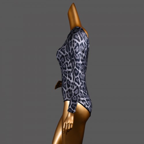 Women gray leopard printed one shoulder slant neck latin ballroom dance bodysuits modern rumba salsa chacha performance jumpsuits leotards catsuits for female